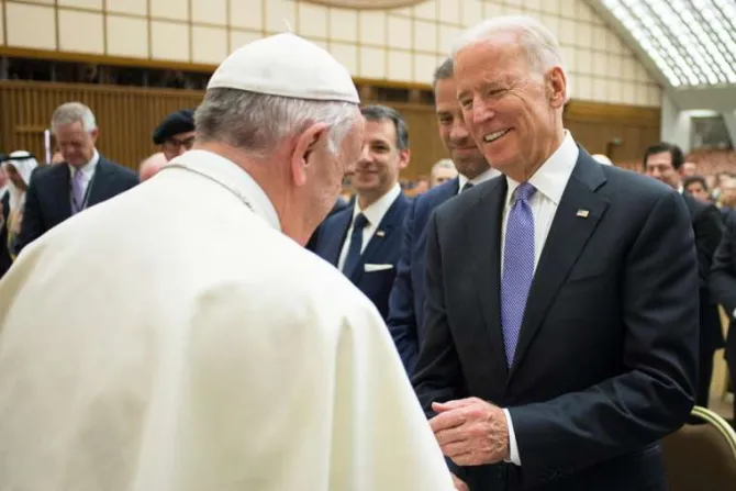 Pope Francis and US VP Joe Biden 1 at the International Conference on Regenerative Medicine in Vatican City April 29 2016 Credit LOsservatore Romano CNA 4 29 16