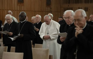 Pope Francis and members of the Roman curia engage in spiritual exercises in Ariccia, Italy, March 2019.   Vatican Media.