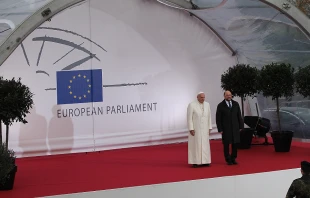 Pope Francis prepares to speak at the European Parliament in Strasbourg, Nov. 25, 2014.   Alan Holdren/CNA.