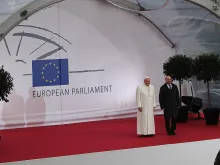 Pope Francis prepares to speak at the European Parliament in Strasbourg, Nov. 25, 2014. 