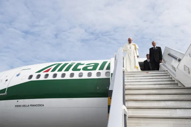 Pope Francis arrives at the Quito airport in Ecuador during his South America trip on July 5 2015 Credit LOsservatore Romano CNA 7 5 15