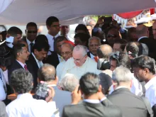 Pope Francis arrives at the airport in Colombo, Sri Lanka on Jan. 13, 2015. 