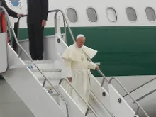 Pope Francis arrives at the airport in Rio de Janeiro, Brazil for World Youth Day 2013. 