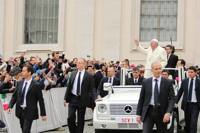 Pope Francis arrives at the general audience in St Peters Square Nov 18 2015 Credit Daniel Ibanez CNA 11 18 15