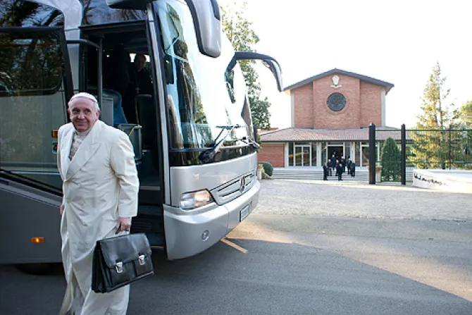 Pope Francis arrives by bus in Ariccia Italy for a week of Lenten spiritual exercises on March 9 2014 Credit ANSA OSSERVATORE ROMANO CNA 3 10 11