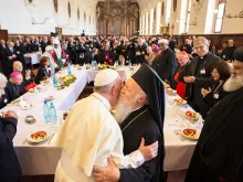 Pope Francis embraces Bartholomew, the Ecumenical Patriarch of Constantinople, on arriving in Assisi for the World Day of Prayer for Peace, Sept. 20, 2016. 