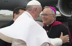 Pope Francis arrives in Philadelphia, greeted by Archbishop Chaput on September 26, 2015.  