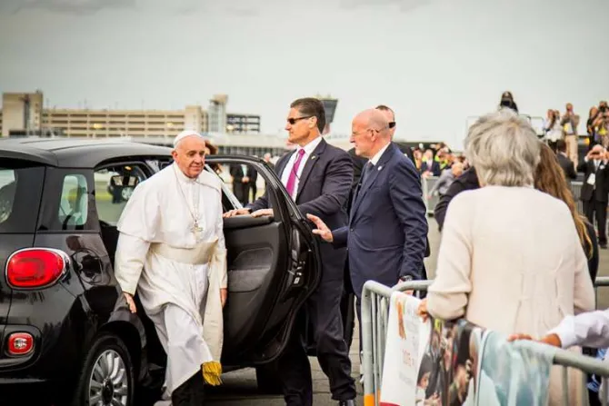 Pope Francis arrives in Philadelphia in a Fiat Courtesy of the World Meeting of Families Philadelphia 2015 J DiGidijunis CNA 1 21 16
