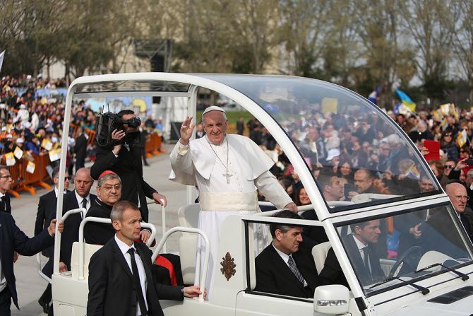 Pope Francis arrives in Scampia Naples Italy 2 March 21 2015 Credit Daniel Ibanez CNA 3 21 15