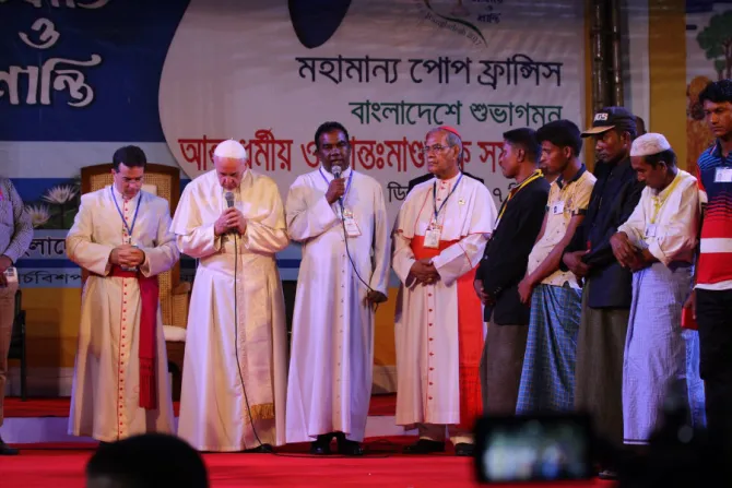 Pope Francis at a Dec 1 meeting with interreligious leaders in Bangladesh Credit Ed Pentin CNA