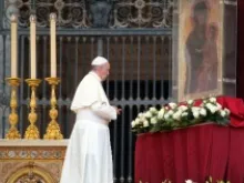 Pope Francis reflects before an image of Mary at the Sept. 7 prayer vigil for peace. 