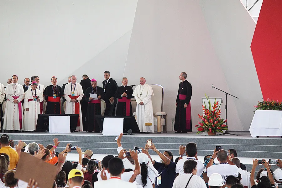 Pope Francis addresses a crowd at the National Reconciliation Encounter held at Las Malocas Park in Villavicencio, Colombia, Sept. 8, 2017. ?w=200&h=150