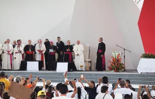 Pope Francis addresses a crowd at the National Reconciliation Encounter held at Las Malocas Park in Villavicencio, Colombia, Sept. 8, 2017.   Alvaro de Juana/CNA.