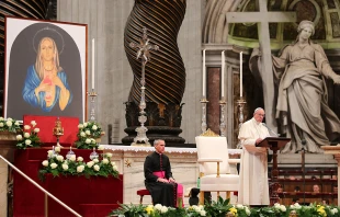 Pope Francis speaks at the 'Dry the Eyes' prayer vigil in St. Peter's Basilica, May 5, 2016.   Daniel Ibanez/CNA.