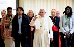 Pope Francis at the Vatican's pre-synodal youth meeting.   Daniel Ibanez/CNA