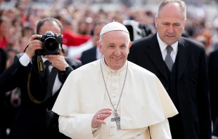 Pope Francis at the General Audience in St. Peter's Square, May 2, 2018.   Daniel Ibanez/CNA.
