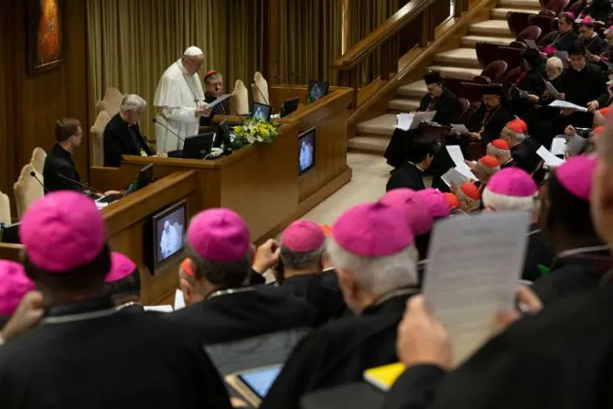 Pope Francis at the meeting on protection of minors in the Church at the Vaticans New Synod Hall Feb 21 2019 Credit Vatican Media CNA