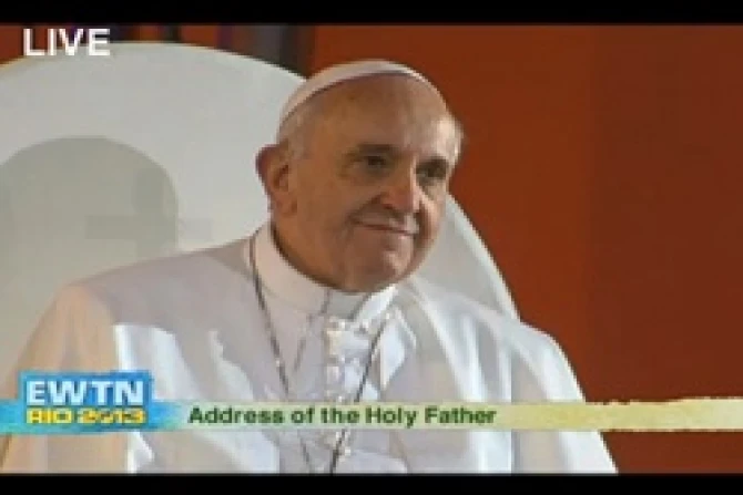 Pope Francis at the official welcome ceremony of the 28th World Youth Day at Rios Copacabana Beach July 25 2013 Credit EWTN CNA 7 25 13