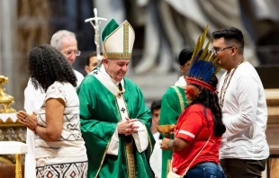Pope Francis at the opening Mass for the Amazon synod Oct. 6, 2019.   Daniel Ibanez/CNA.