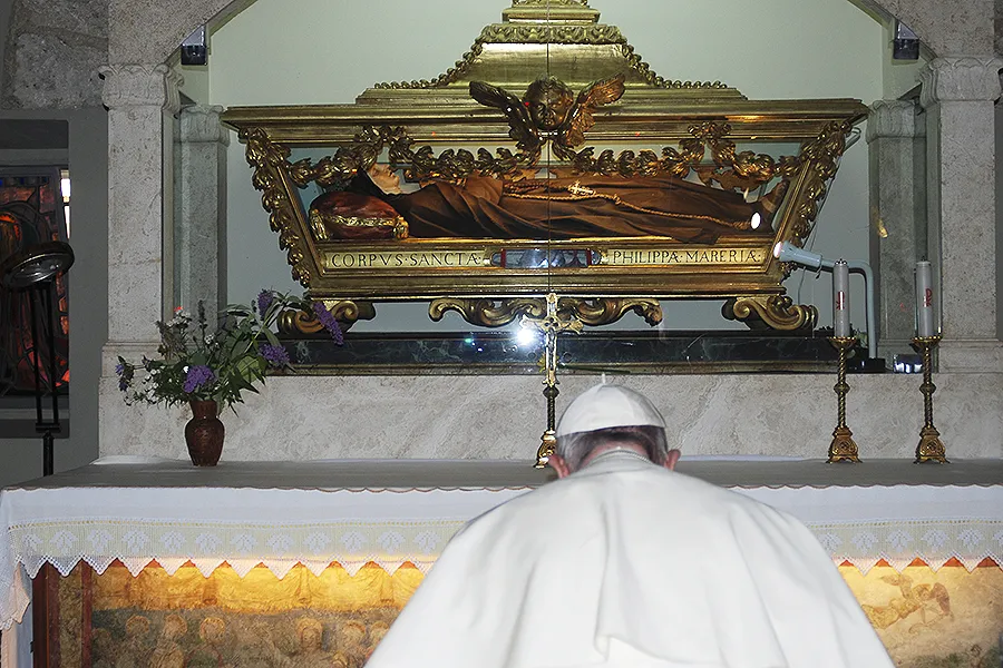 Pope Francis prays before the tomb of St. Filippa Mareri at a Franciscan convent in Borgo San Pietro, Italy, Aug. 9, 2016. ?w=200&h=150