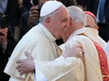 Pope Francis embraces a concelebrant at the Mass of thanksgiving for the canonization of St. Jose de Anchieta, SJ, at St. Ignatius of Loyola parish, Rome, April 24, 2014. 