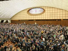 About 7,000 members of the business group Confederazione Cooperative Italiane gathered in the Vatican's Paul VI Hall for an audience with Pope Francis Feb. 28, 2015. 