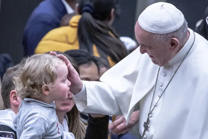 Pope Francis blesses a child on Jan 12 2020 Credit Daniel Ibanez CNA