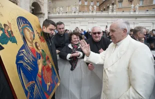 Pope Francis blesses an icon of Our Lady of Perpetual Help.   Vatican Media.