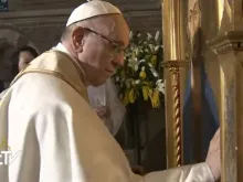 Pope Francis blesses an icon of 