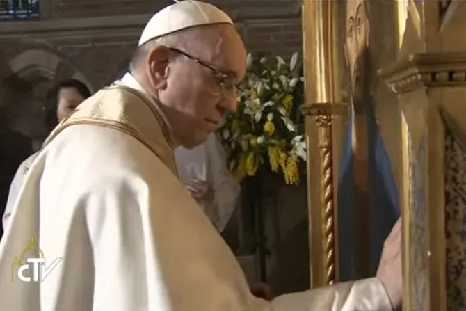 Pope Francis blesses an icon of Saint Savior at the Anglican parish of All Saints in Rome Feb 26 2017 Credit CTV screenshot CNA
