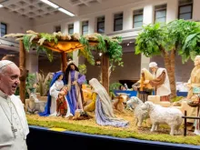 Pope Francis blesses nativity scenes near the Vatican Dec. 9, 2019. 