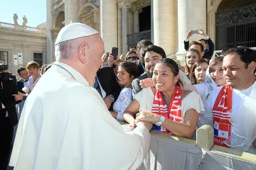 Pope Francis blesses pilgrims from Panama at the general audience in St Peters Square on November 8 2017 Credit LOsservatore Romano CNA