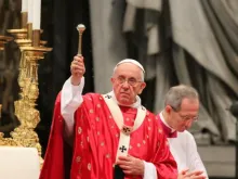Pope Francis blesses pilgrims in Saint Peter's Basilica on the solemnity of Pentecost May 24, 2015. 