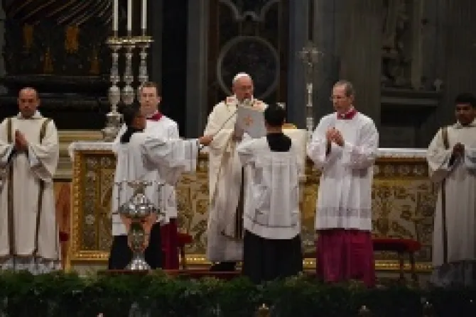 Pope Francis blesses sacred oils during his Chrism Mass on April 17 2014 Credit Daniel Ibanez CNA CNA