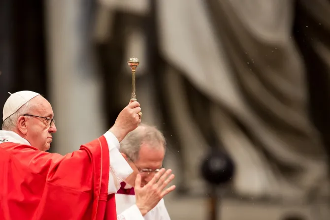 Pope Francis blesses the crowd with holy water on Pentecost Sunday May 20 2018 Credit Daniel Ibanez CNA