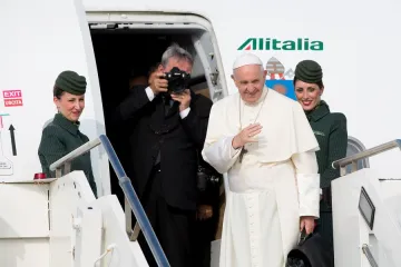 Pope Francis boards his flight to Geneva June 21 2018 Credit Daniel Ibez CNA