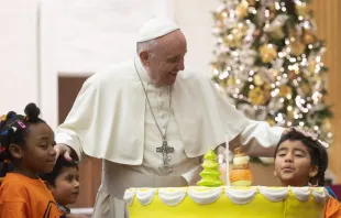 Pope Francis celebrates his 82nd birthday a day early with young patients of the Santa Marta Pediatric Dispensary. Dec. 16, 2018.   Vatican Media