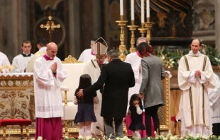 Pope Francis celebrates Christmas Eve Mass in St. Peter's Basilica on Dec. 24, 2014.   Lauren Cater/CNA.
