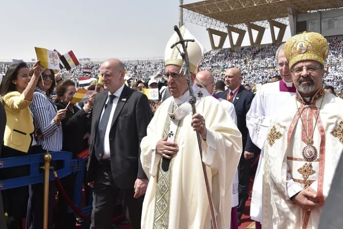 Pope Francis celebrates Mass at Air Defense Stadium in Cairo Egypt April 29 2017 Credit LOsservatore Romano CNA