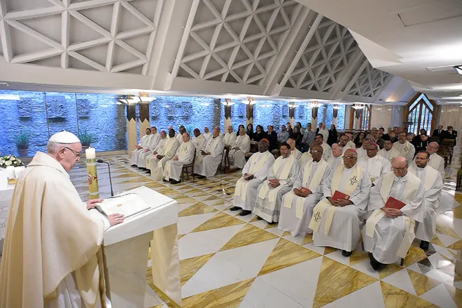 Pope Francis celebrates Mass at Casa Santa Marta on April 26 2018 Credit Vatican Media CNA