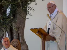 Pope Francis celebrates Mass during his pastoral visit to Molfetta April 20, 2018. 