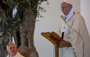 Pope Francis celebrates Mass during his pastoral visit to Molfetta April 20, 2018.   Daniel Ibáñez/CNA.