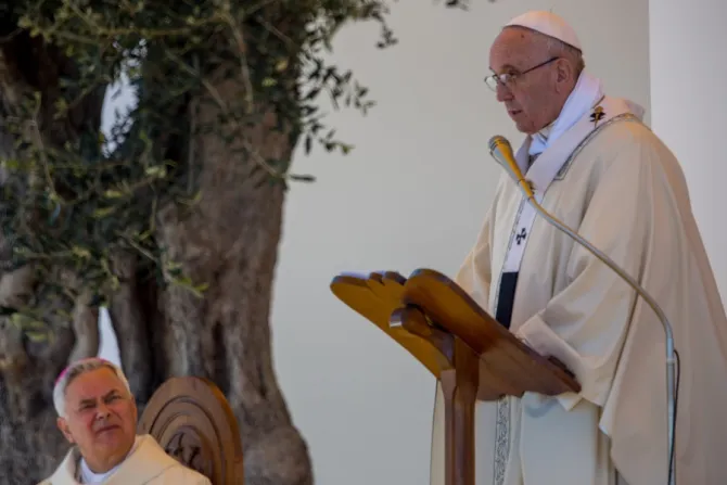 Pope Francis celebrates Mass during his pastoral visit to Molfetta April 20 2018 Credit Daniel Ibez CNA