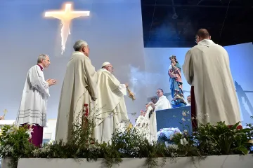 Pope Francis celebrates Mass in Geneva on June 21 2018 Credit Vatican Media CNA