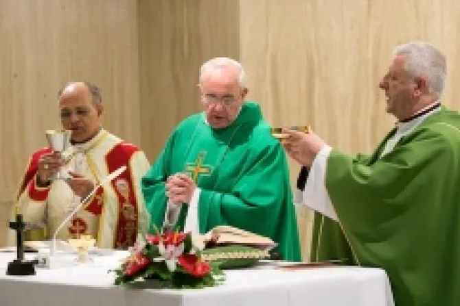 Pope Francis celebrates Mass in the chapel of St Marthas House on June 18 2013 Credit  LOsservatore RomanoCNA