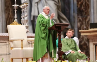 Pope Francis celebrates a thanksgiving Mass for Canadian saints François of Laval and Marie of the Incarnation on Oct. 12, 2014.   Lauren Cater/CNA.
