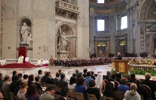 Pope Francis listens as Fr. Raniero Cantalamessa, preaches for the liturgy celebrating the Day of Prayer for Care of Creation in St. Peter's Basilica, Sept. 1, 2015.   Daniel Ibanez/CNA.