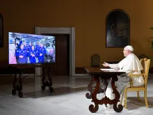 Pope Francis connecting live audio-video with the crew of Mission 53 onboard the International Space Station on Oct. 26, 2017. 
