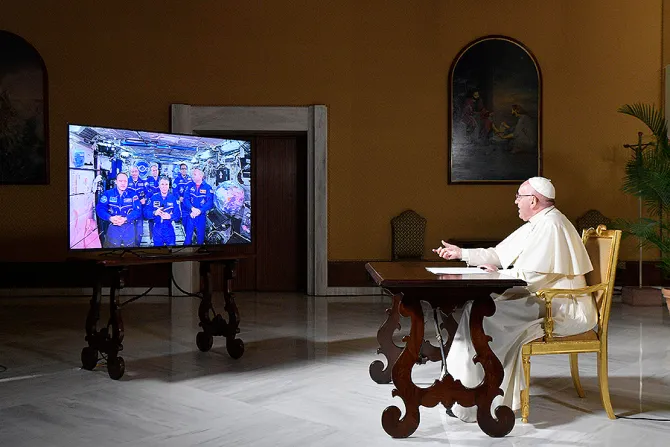 Pope Francis connecting live audio video with the crew of Mission 53 onboard the International Space Station on Oct 26 2017 Credit LOsservatore Romano 3 CNA