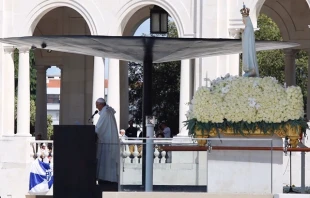 Pope Francis delivers the homily at the canonization Mass of Francisco and Jacinta Marto in Fatima May 13, 2017.   Daniel Ibanez/CNA.